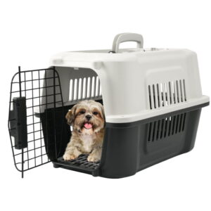 Fruggis Two-Door Dog Kennel with Top Opening, Plastic Dog Crate Porable for Pets up to 10 lbs, 19" - Taupe & Black